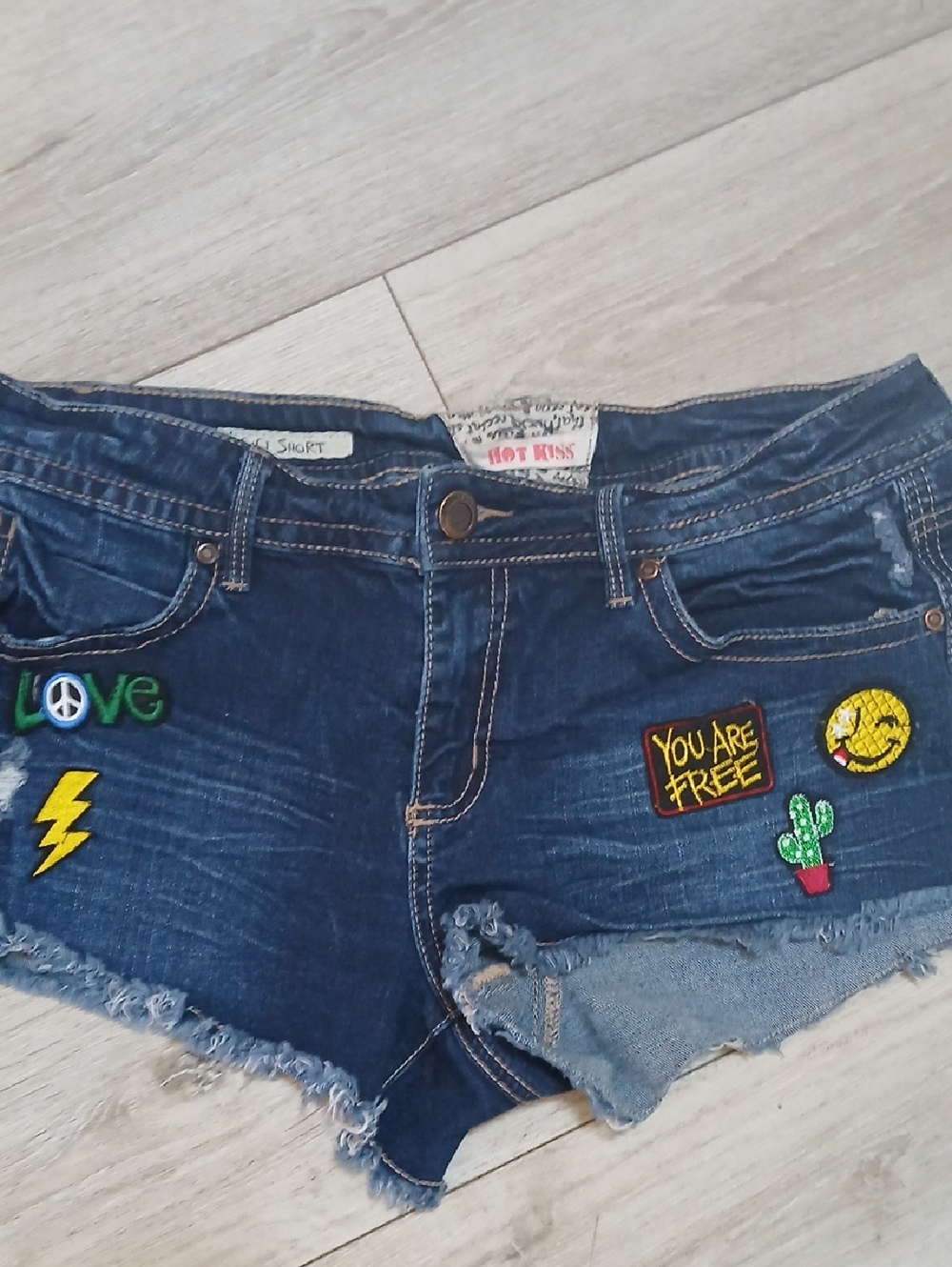 Hot Kiss Dark Blue Denim Patch Short Shorts with Colorful Patches